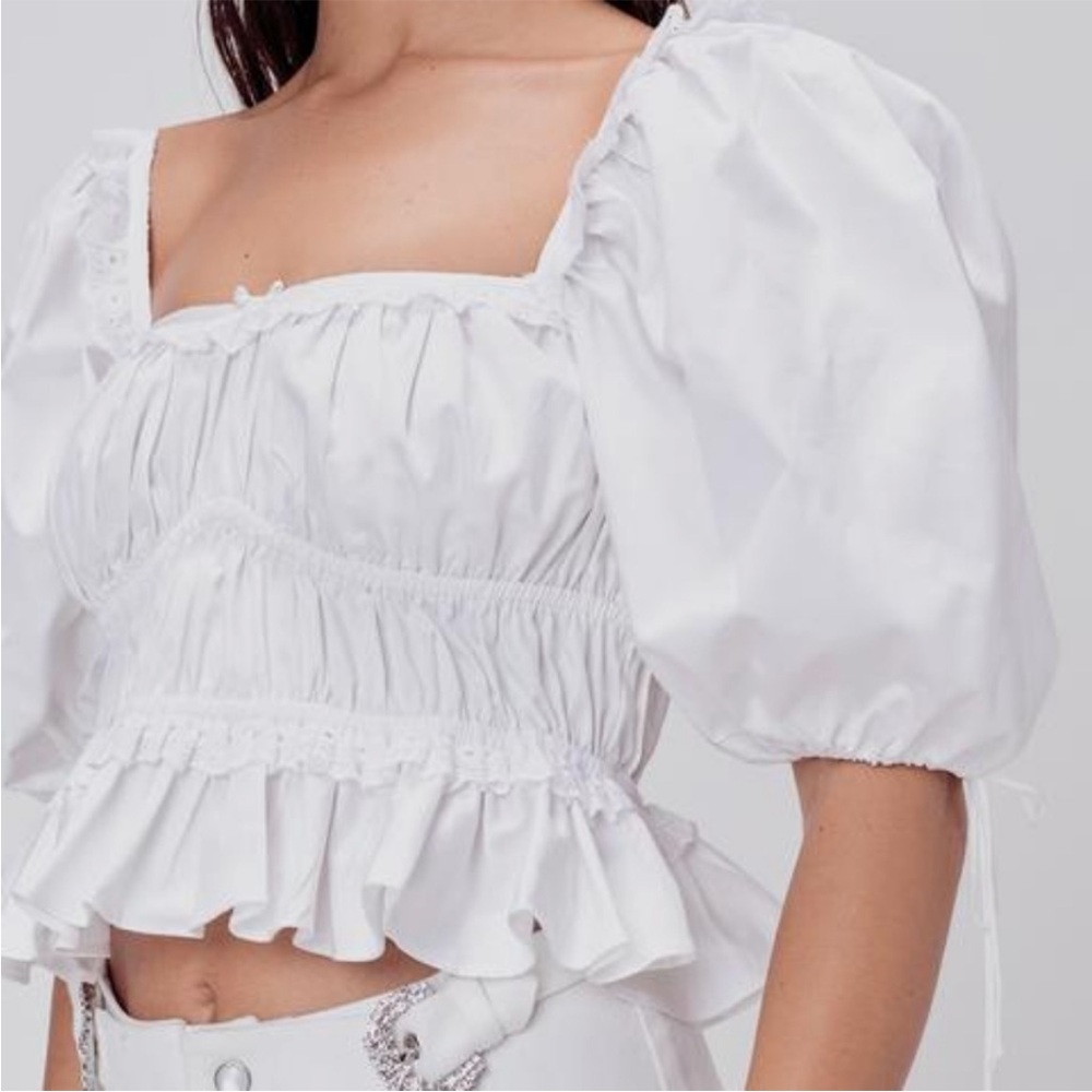 FOR LOVE & LEMONS White Puff Sleeve Smocked Peplum Jackson Crop Top- Medium